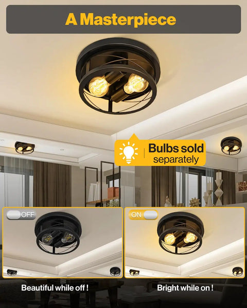 Farmhouse Industrial Ceiling Light Fixtures 11 Inch Matte Black Cage With Dual E26 Sockets, installed in modern living room