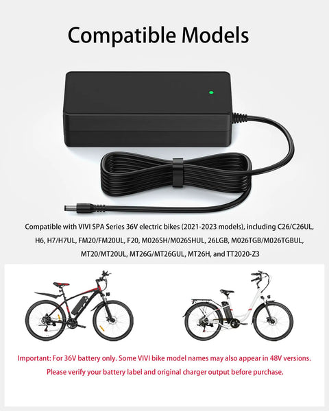 36V Ebike Charger For Vivi Spa Series 42V 2A Replacement No Fuss Plug In 36V Battery Compatible With C26UL H6 ETL Listed
