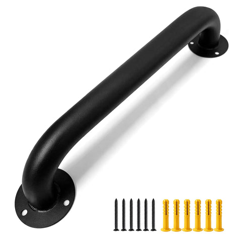 Rock Solid 12 Inch Industrial Pipe Wall Mount Grab Bar For Stairs Decks And Entryways Featuring Heavy Duty Galvanized Steel Non Slip Matte Black Support Built To Last with mounting screws and anchors