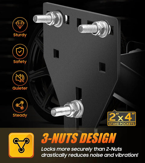 Stake Pocket Spare Tire Mount For Trailers Aftermarket Fits 4 To 8 Lug Trailer Wheels, Bolt Patterns 4, 4.5, 4.75, 5, 5.5, 6, 6.5 In, 150 Lb Capacity featuring 3-Nuts design for security
