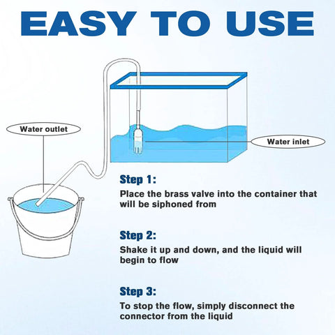 Shaker siphon hose, 1/2-inch, for gasoline/fuel/water transfer; instructional diagram with tank, hose, and bucket.