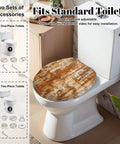 Round Grunge Rusty Effect Wood Toilet Seat on standard toilet, showcasing adjustable hinges and rustic design.