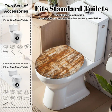 Round Grunge Rusty Effect Wood Toilet Seat on standard toilet, showcasing adjustable hinges and rustic design.