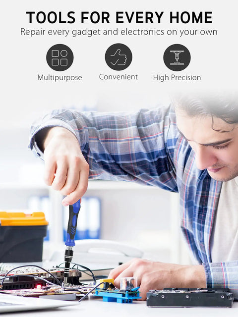 Man using 63 In 1 Precision Screwdriver Set With 57 Magnetic Driver Bits For Electronics Repair on circuit board, close-up