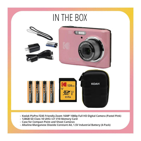 Easy Peasy Pastel Pink 16MP Point And Shoot Camera With 1080P Full HD Video Includes 128GB SD Card Compact Case And Four AA Batteries.