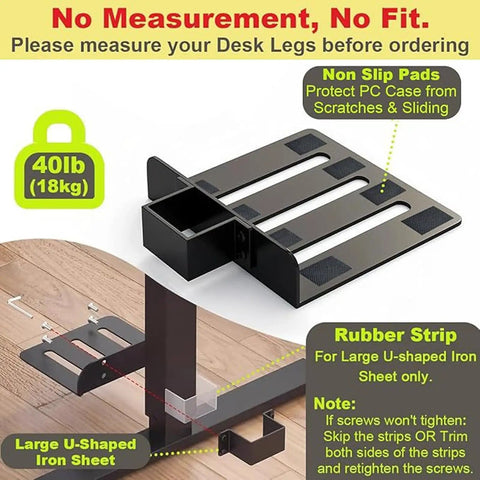 Under Desk PC Mount Heavy Duty Steel Computer Tower Holder with non-slip pads and rubber strip for desk leg measurement.