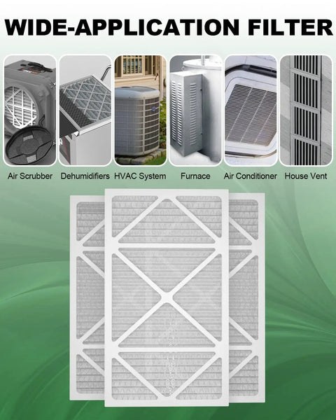 16x25x1 Air Filter 8 Pack MERV 8 Pleated Replacement for wide HVAC applications, shown with air scrubber and furnace.