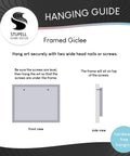 Hanging guide for a framed giclee print, showing front and side views with instructions for installation.
