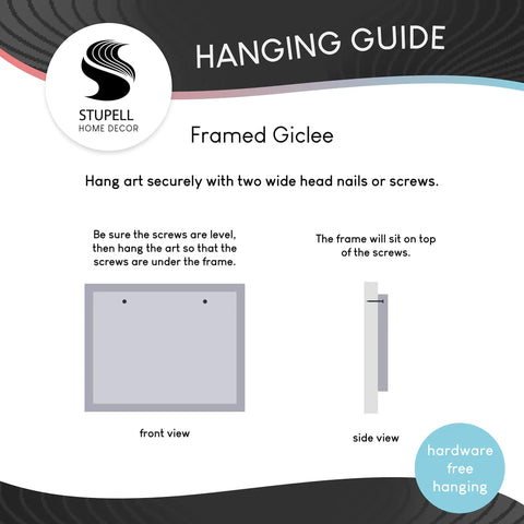 Hanging guide for a framed giclee print, showing front and side views with instructions for installation.
