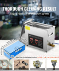 Heavy Duty 6L Ultrasonic Cleaner With Digital Timer And Heater Killer Performance For Watches Glasses Rings And Small Circuit Boards Squeaky Clean Pro Grade Washing System showing specs and design.