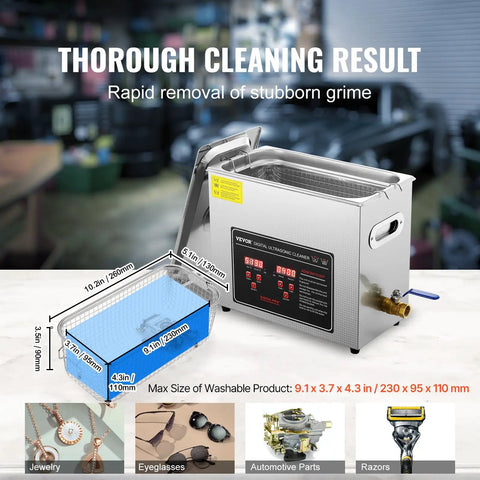 Heavy Duty 6L Ultrasonic Cleaner With Digital Timer And Heater Killer Performance For Watches Glasses Rings And Small Circuit Boards Squeaky Clean Pro Grade Washing System showing specs and design.