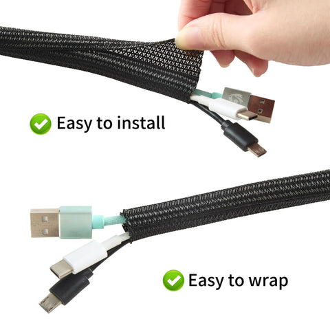 Hands inserting cables into Split Wire Loom One Half Inch 50 Feet Braided Cable Sleeve For Cable Management And Pet Safe Protection, Black.