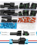Linkstyle 10 Sets of Heavy Duty Weather Pack Connectors For 14 To 12 AWG Wires Featuring Waterproof Housings Male And Female Plugs With Copper Terminals Perfect For Automotive Repairs And Quick Wire Splice Jobs That Stick Without Fail; 14-12 AWG connector kit with housings, seals, and terminals