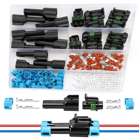 Linkstyle 10 Sets of Heavy Duty Weather Pack Connectors For 14 To 12 AWG Wires Featuring Waterproof Housings Male And Female Plugs With Copper Terminals Perfect For Automotive Repairs And Quick Wire Splice Jobs That Stick Without Fail; 14-12 AWG connector kit with housings, seals, and terminals