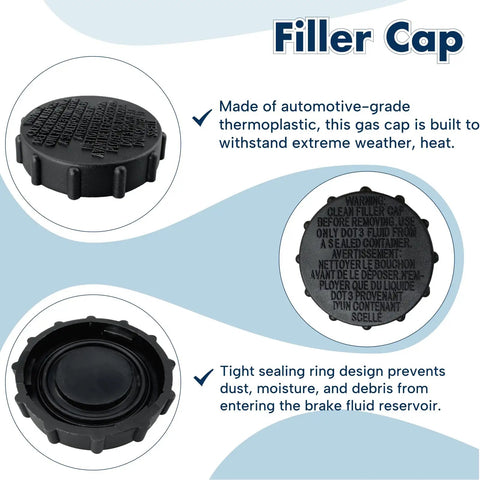 Brake Fluid Reservoir Cap Replacement For Ford F150 2015 To 2019 Expedition 2018 To 2021 Lincoln Navigator 2018 To 2021 Filler Cap BRFC19 FL3Z 2162 A Solid Fit OEM shown with text details