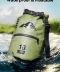 Lightweight Waterproof Dry Bag With Front Zip Pocket 10L Roll Top Closure Keeps Your Gear Dry For Travel Kayaking Boating Rafting Camping Hiking And Beach Days Green in a river