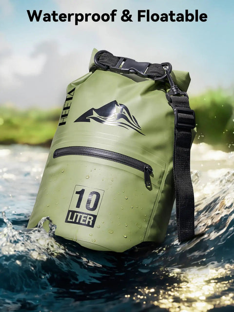 Lightweight Waterproof Dry Bag With Front Zip Pocket 10L Roll Top Closure Keeps Your Gear Dry For Travel Kayaking Boating Rafting Camping Hiking And Beach Days Green in a river