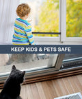 Adjustable Patio Door Security Bar for Sliding Glass Doors 17.5 to 50 Inch installed on a window with a child and cat nearby.