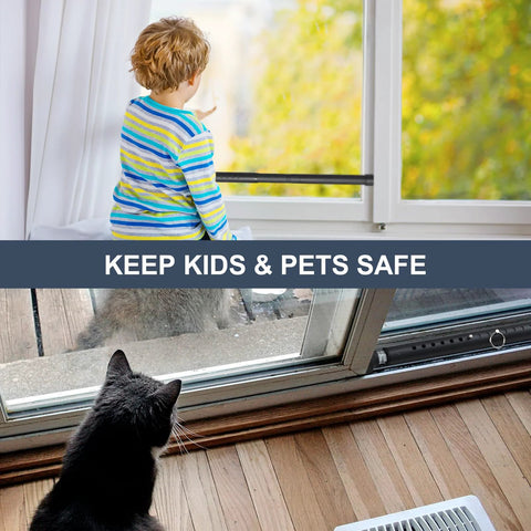 Adjustable Patio Door Security Bar for Sliding Glass Doors 17.5 to 50 Inch installed on a window with a child and cat nearby.