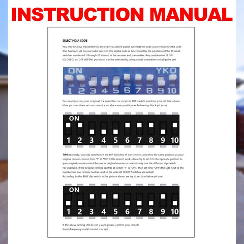 Instruction manual for Three Pack Garage Door Opener Remote Compatible With Multicode 300MHz 10 Dip Switch, black background
