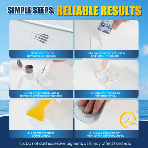 Step-by-step guide using Boat Repair Kit For Fiberglass With Color Match Gel Coat to fix hull cracks and chips.