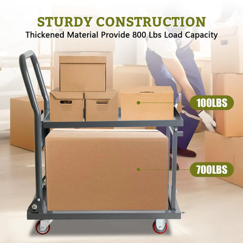 Heavy Duty Foldable Push Cart Dolly With Wheels 800 Lbs Load Capacity Two Tier Platform Truck For Garage Warehouse And Workshop Durable Steel Frame Foldable Design For Easy Storage, two-tier cart loaded with boxes