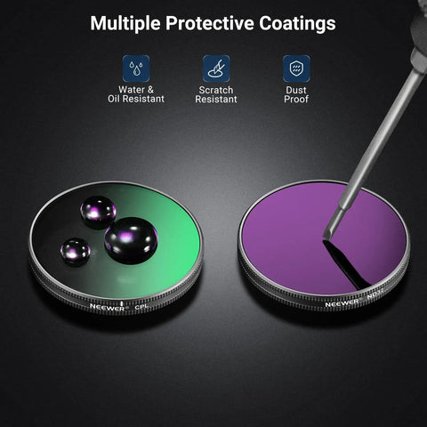 Close-up of Osmo Action ND Filter Set For 5 Pro 4 And 3 4 Pack Includes ND8 ND16 ND32 Plus CPL Polarizer with protective coatings