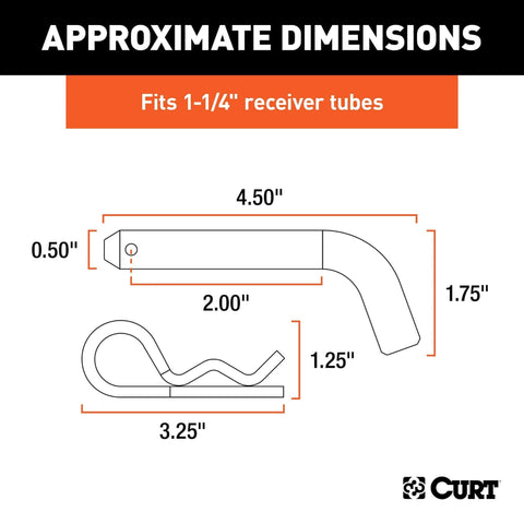 Diagram showing dimensions of Half Inch Trailer Hitch Pin And Clip For One And A Quarter Inch Receivers, Easy Grip 105 Degree Bend.