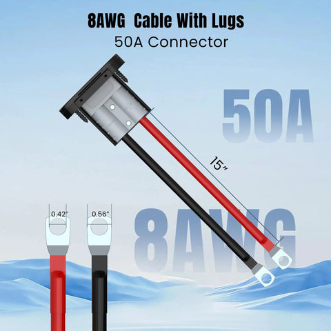 Battery Quick Disconnect Connector Kit With 8 AWG Wire Harness For Anderson Style Connectors, Easy Install Cable Plug For Car Winch, Trailer And Forklift, 600V Max, 50 Amp Capacity, 15in cable with lugs