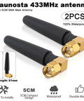 Two 433MHz Omnidirectional SMA Male 3dBi Thumb Antennas with black bodies and gold connectors, compact size, and waterproof design.
