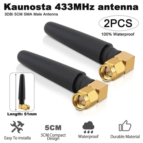 Two 433MHz Omnidirectional SMA Male 3dBi Thumb Antennas with black bodies and gold connectors, compact size, and waterproof design.