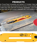 Zero Hassle Dado Throat Plate Replacement For 10 Inch Table Saw Heavy Duty Steel Insert shows yellow throat plate in table saw.
