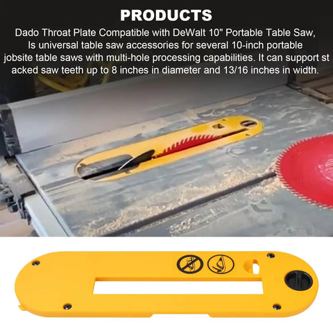 Zero Hassle Dado Throat Plate Replacement For 10 Inch Table Saw Heavy Duty Steel Insert shows yellow throat plate in table saw.