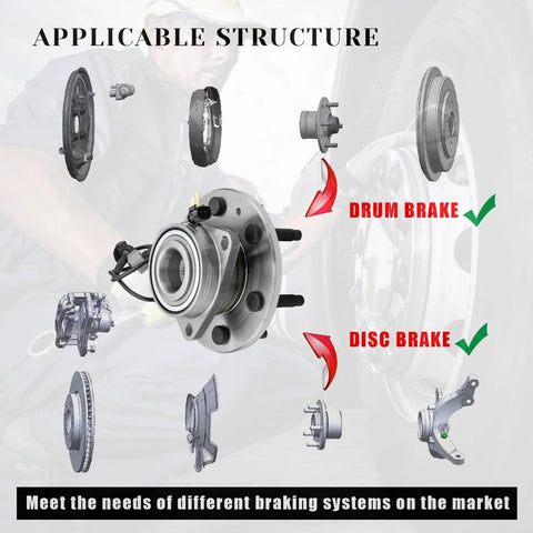 Front Wheel Bearing Hub Assembly Fits 4x4 4WD Chevy Silverado 1500 Suburban Tahoe GMC Sierra 1500 Yukon XL Cadillac Escalade ESV XTS 6 Lug With ABS Replaces 515160 demonstrating compatibility with disc and drum brakes