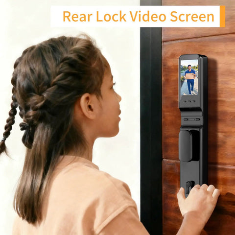 Hella Easy Keyless Entry Setup Featuring Video Doorbell Camera Smart Deadbolt Palm Vein Scanner Voice Control face recognizer in use.