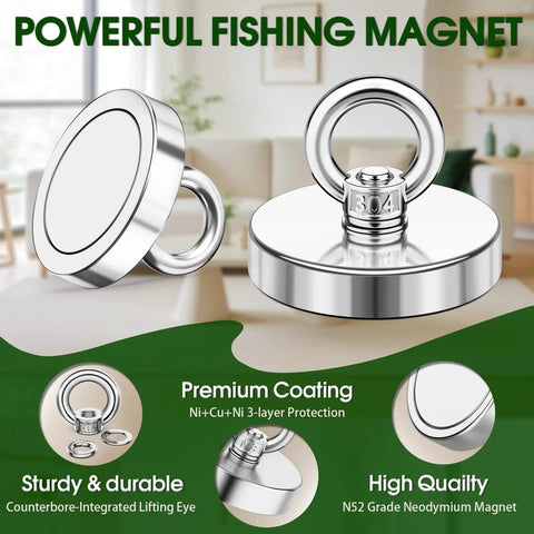 Neodymium Fishing Magnet 350 Lb Pull With Countersunk Hole Eyebolt, 2-Inch Diameter in stainless steel