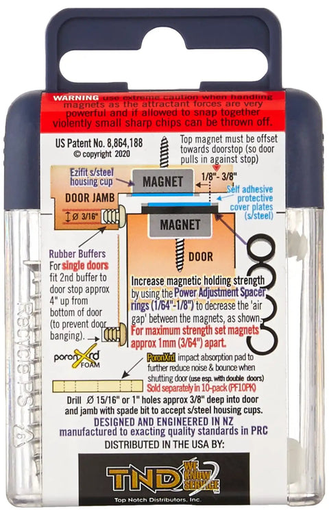 Back of packaging for PLS-24 PRO Concealed Magnetic Catch showing installation guide and patent details