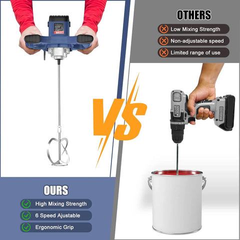 Comparison of Boss Grade Heavy Duty Handheld Cement Mixer Portable Concrete Mixing Drill With 2100W Motor and standard power drill.