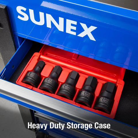 Heavy Duty 3/4 To 1-1/4 Inch Drive Impact Hex Driver Set, 5-Piece SAE, Cr-Mo Steel in red case in blue tool chest drawer