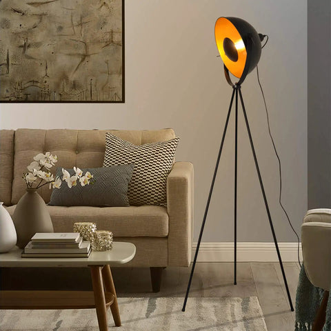 Industrial Tripod LED Floor Lamp Dope Lighting, Adjustable Reading Light With Vintage Bowl Shade standing in living room corner