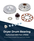 Drum Bearing Kit Replacement Part 479332 For Top Load Dryers with metal components and screws on white background