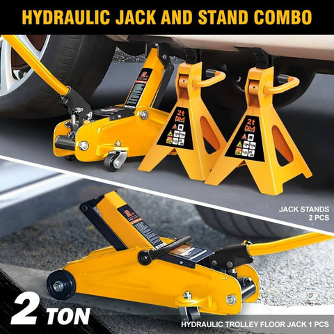 Low Profile Hydraulic Trolley Jack Set With Two Ton Capacity And Two Ratchet Jack Stands, Safety Overload System, 360 Degree Handle, Durable Orange Floor Jack Combo For Auto Repair And Lifting Projects