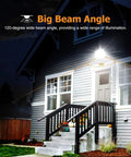 JUDYSSY Outdoor 100W Led Outdoor Flood Light, Security Light 3 Color Changing, illuminating a porch with a 120-degree beam angle.