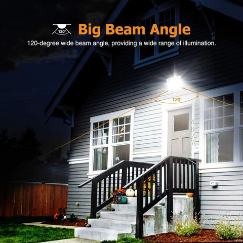 JUDYSSY Outdoor 100W Led Outdoor Flood Light, Security Light 3 Color Changing, illuminating a porch with a 120-degree beam angle.