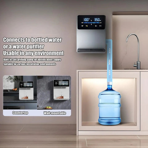 Wall Mounted Mains-Fed Water Dispenser With 2000W Heating displayed above counter with bottled water connection