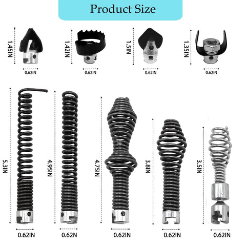 Ten Piece Drain Snake Drill Attachment And Heavy Duty Auger Cutter Kit Compatible With K400 C4 C6 C7 C8 C9 Machines Featuring 5 8 Inch Cable Heads showing various sizes and types of auger cutter heads.