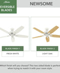 Hunter Newsome ceiling fan with reversible fresh white and light oak blades, 52 Inch Indoor Ceiling Fan No Light With Pull Chain White Finish