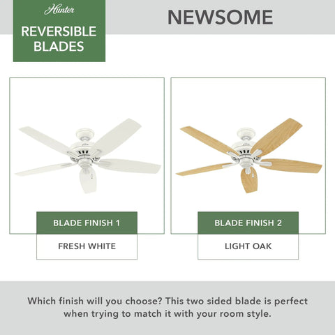 Hunter Newsome ceiling fan with reversible fresh white and light oak blades, 52 Inch Indoor Ceiling Fan No Light With Pull Chain White Finish
