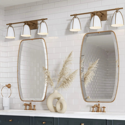Richie Dope 2 Light Bathroom Light Fixture Sconce with farmhouse black metal and brass shades above mirrors in modern bathroom