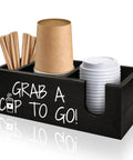 Farmhouse Style Coffee Station Organizer For Cups And Lids Black Pine Wood Cup Holder And Lid Storage Box on counter